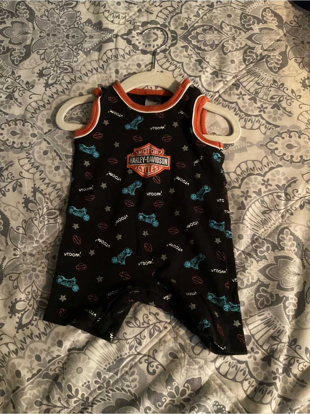 Harley-Davidson Black Romper with Orange Trim and Teal Motorcycle Print